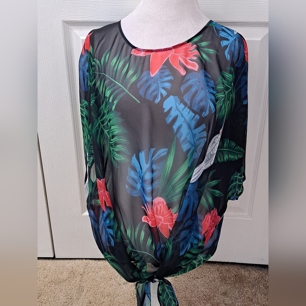 Colleen Lopez Sheer Tropical Print Blouse/Cover Up With Front Tie